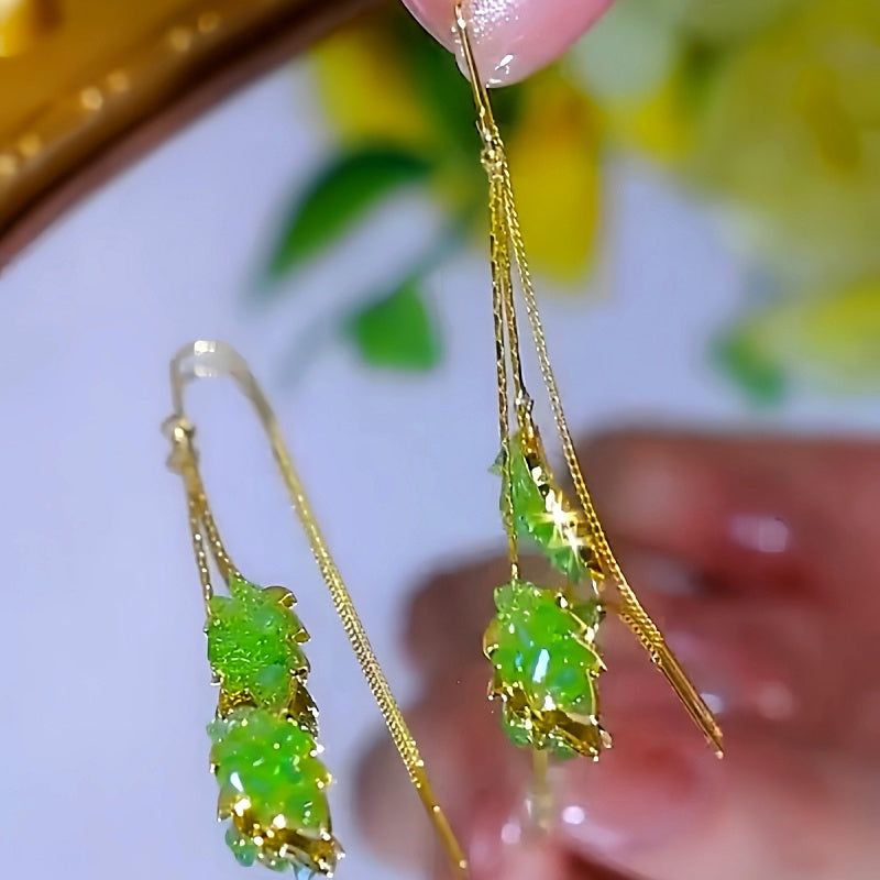 14K Gold-Plated Elegant Green Diamond Leaf Tassel Threader Earrings