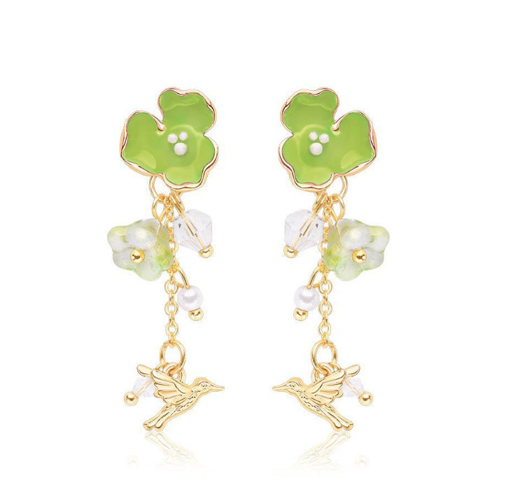 14K Gold-Plated Elegant Green Flower And Bird Earrings