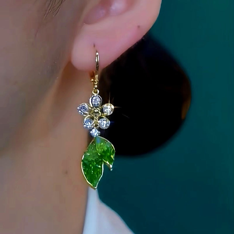 14K Gold-Plated Elegant Green Leaf Flower Earrings