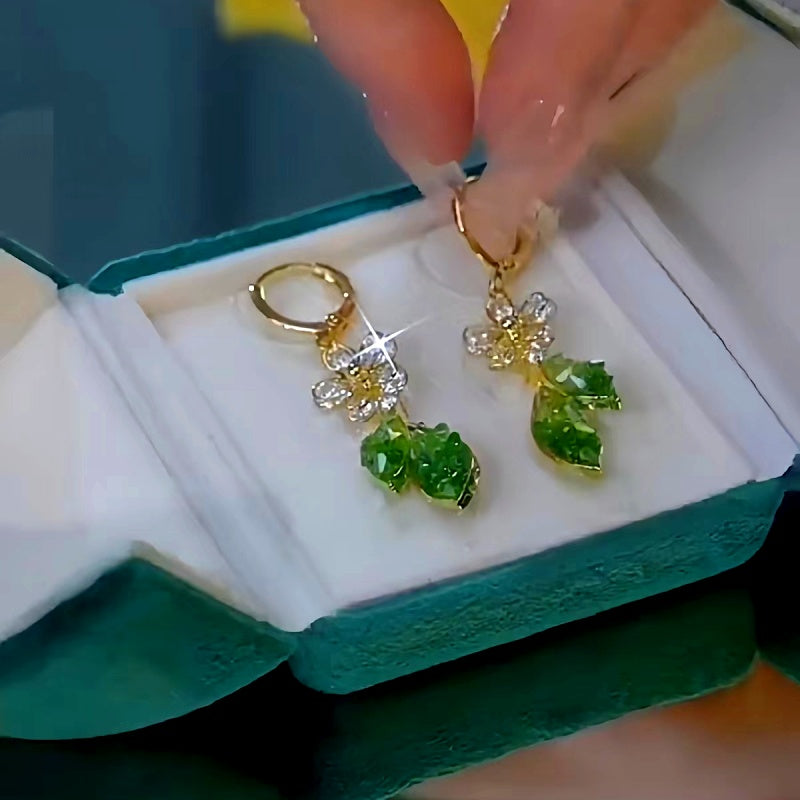 14K Gold-Plated Elegant Green Leaf Flower Earrings