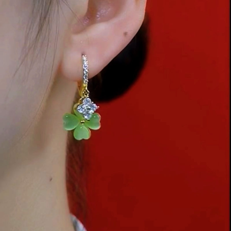 14K Gold-Plated Elegant Green Stone Flower Earrings