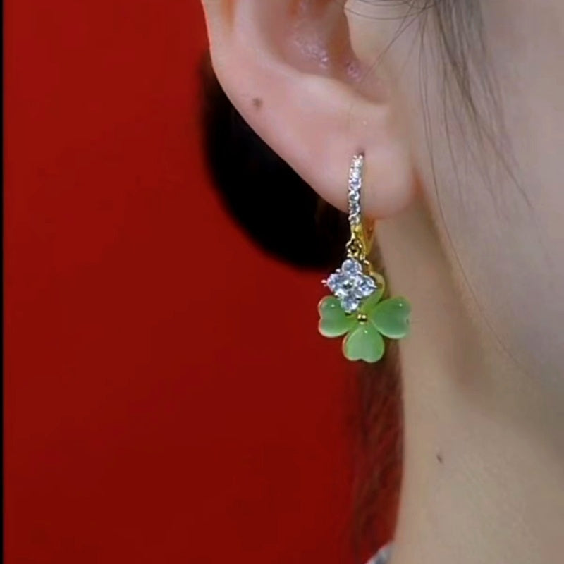 14K Gold-Plated Elegant Green Stone Flower Earrings