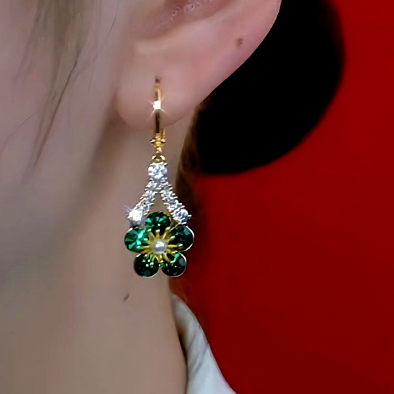 14K Gold-Plated Elegant Green Zircon Flower Earrings