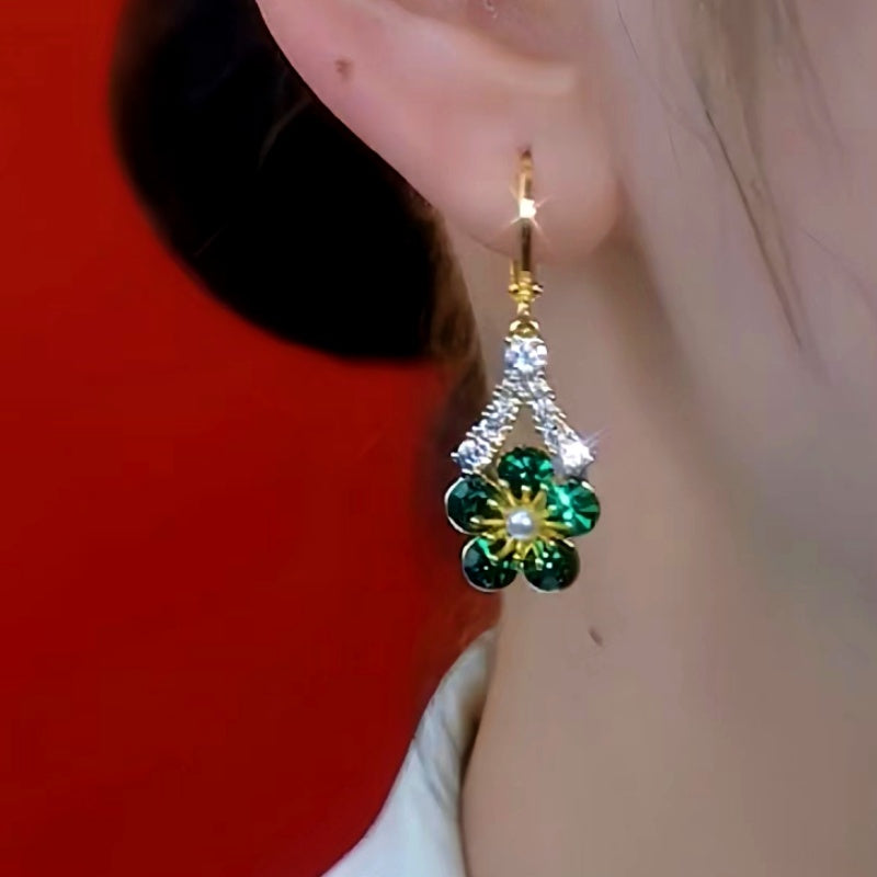 14K Gold-Plated Elegant Green Zircon Flower Earrings