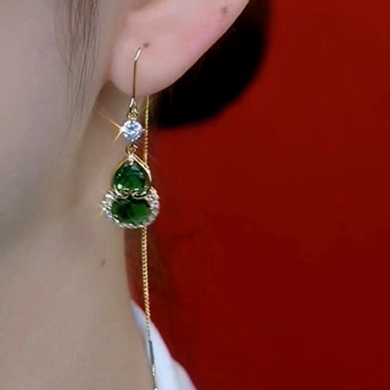 14K Gold-Plated Elegant Green Zircon Gourd Earrings