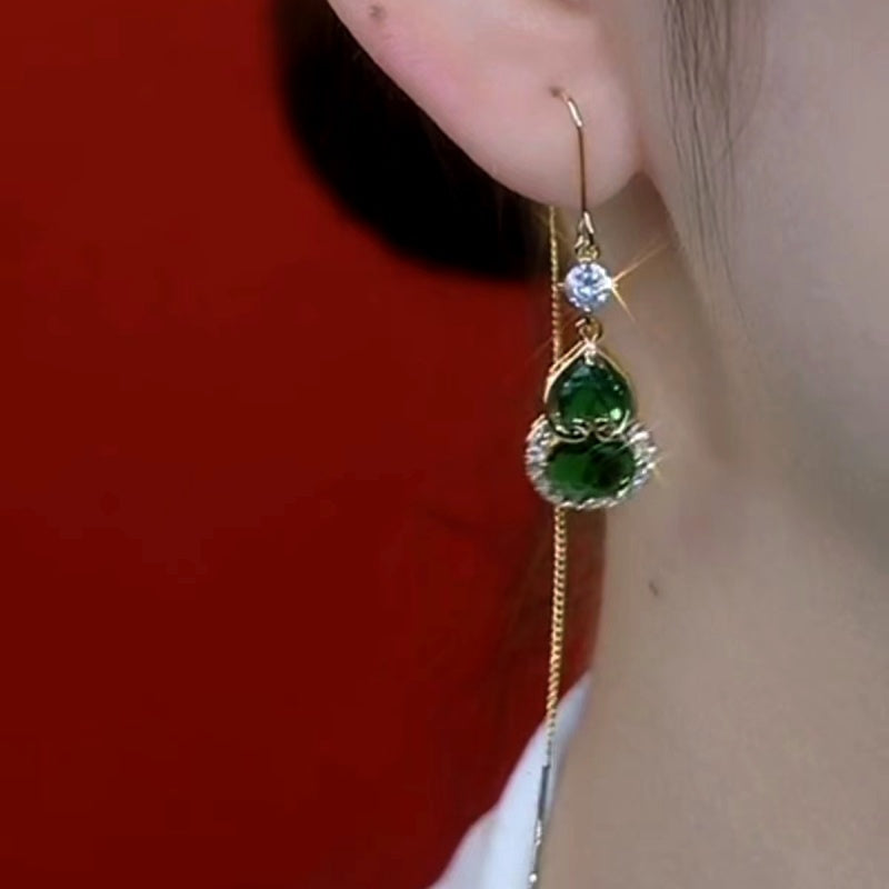 14K Gold-Plated Elegant Green Zircon Gourd Earrings