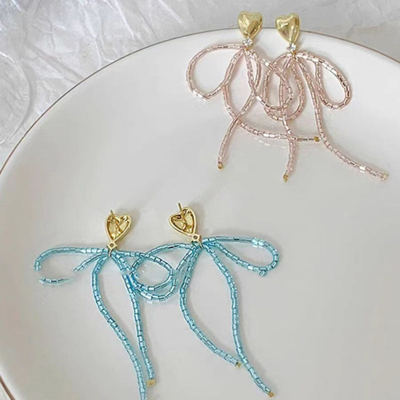14K Gold-Plated Elegant Heart-Design Crystal Bow Earrings