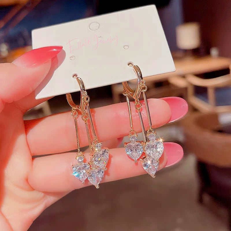 14K Gold-Plated Elegant Heart Crystal Tassel Earrings