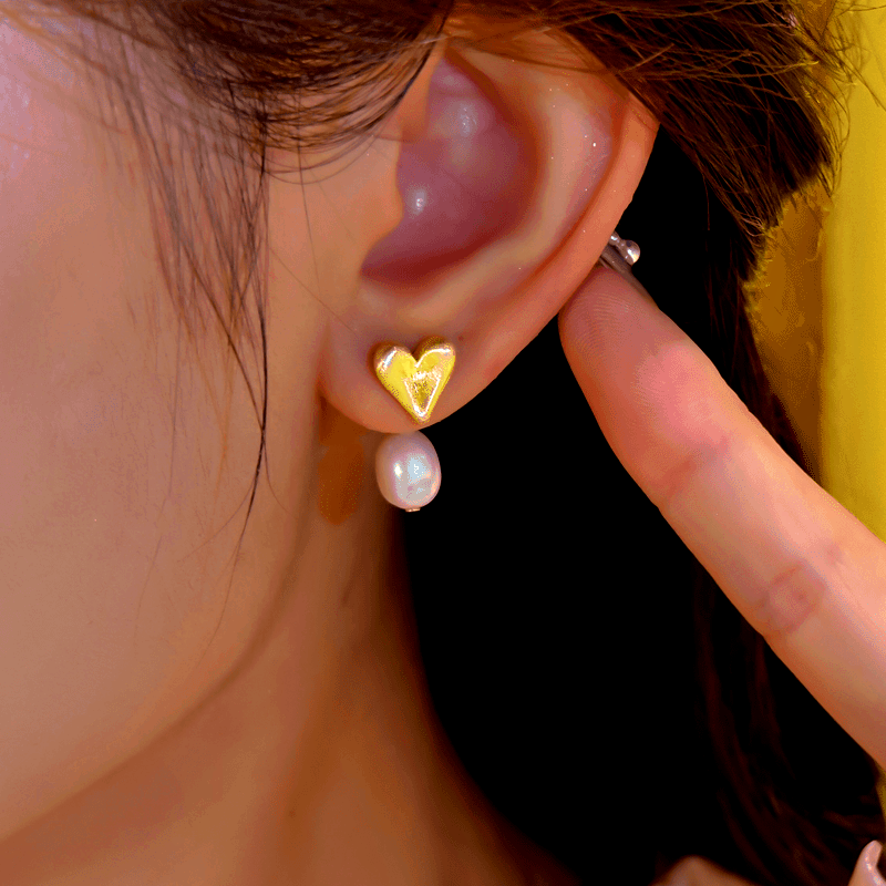 14K Gold-Plated Elegant Heart Design Pearl Earrings