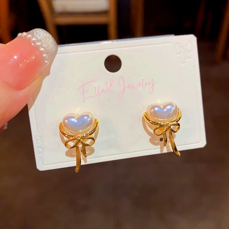 14K Gold-Plated Elegant Heart Pearl Bow Earrings