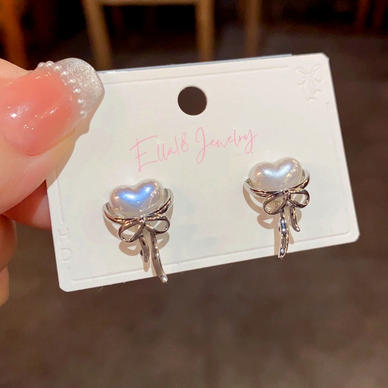 14K Gold-Plated Elegant Heart Pearl Bow Earrings