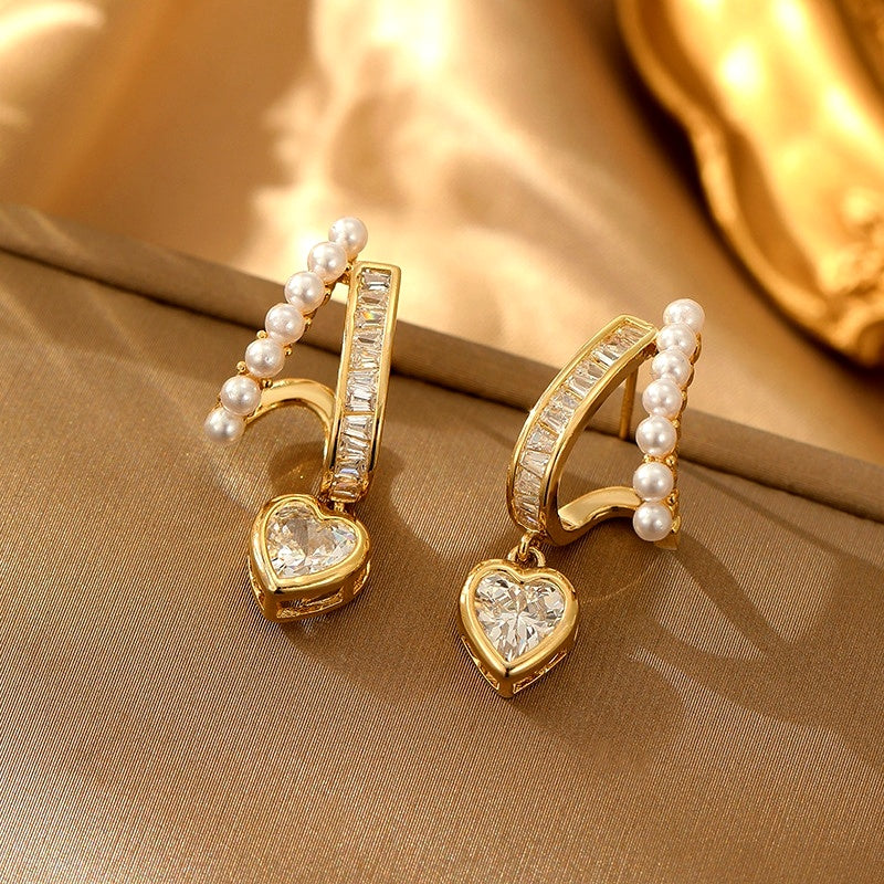 14K Gold-Plated Elegant Heart Pearl Earrings
