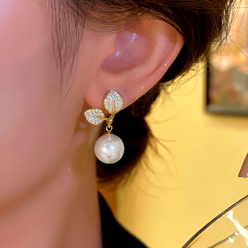 14K Gold-Plated Elegant Leaf Pearl Earrings