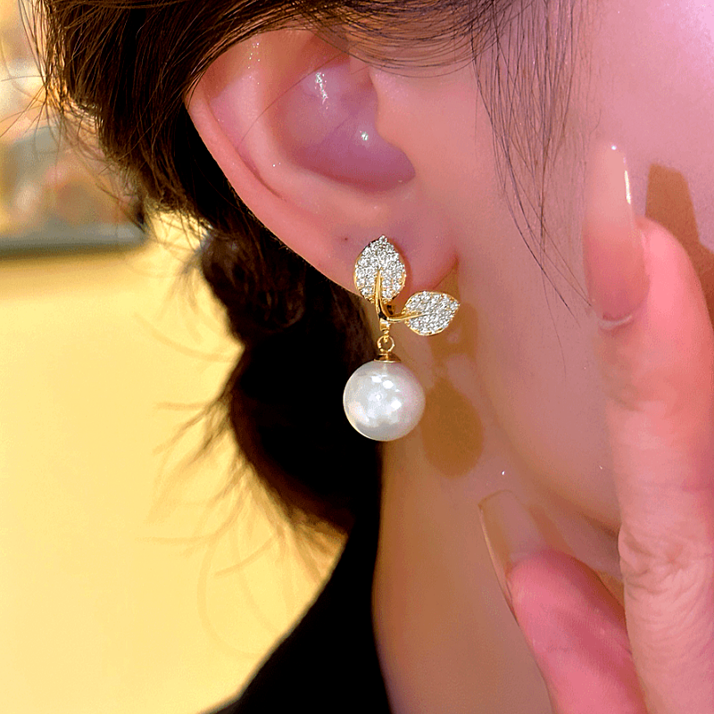 14K Gold-Plated Elegant Leaf Pearl Earrings