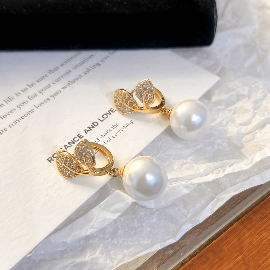 14K Gold-Plated Elegant Leaf Pearl Earrings