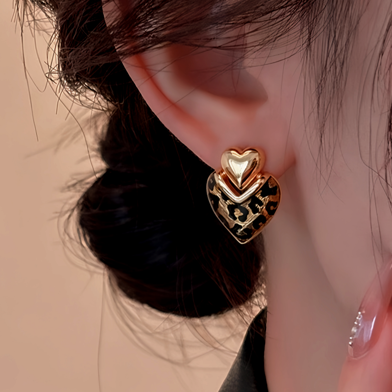 14K Gold-Plated Elegant Leopard Heart-Design Earrings