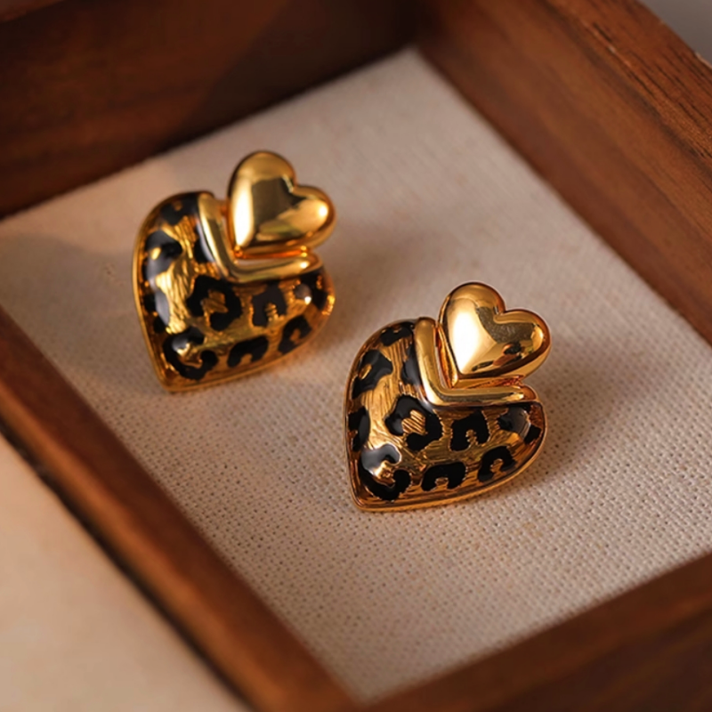 14K Gold-Plated Elegant Leopard Heart-Design Earrings
