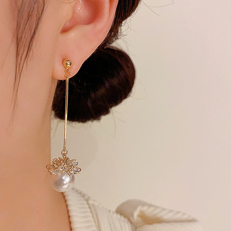 14K Gold-Plated Elegant Long Pearl Earrings