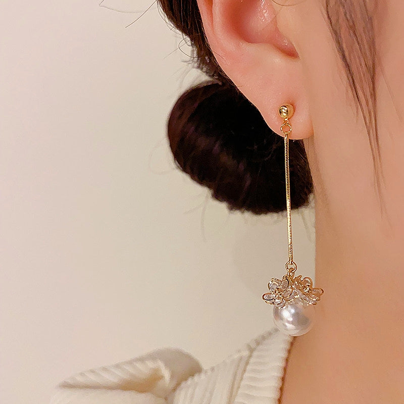 14K Gold-Plated Elegant Long Pearl Earrings