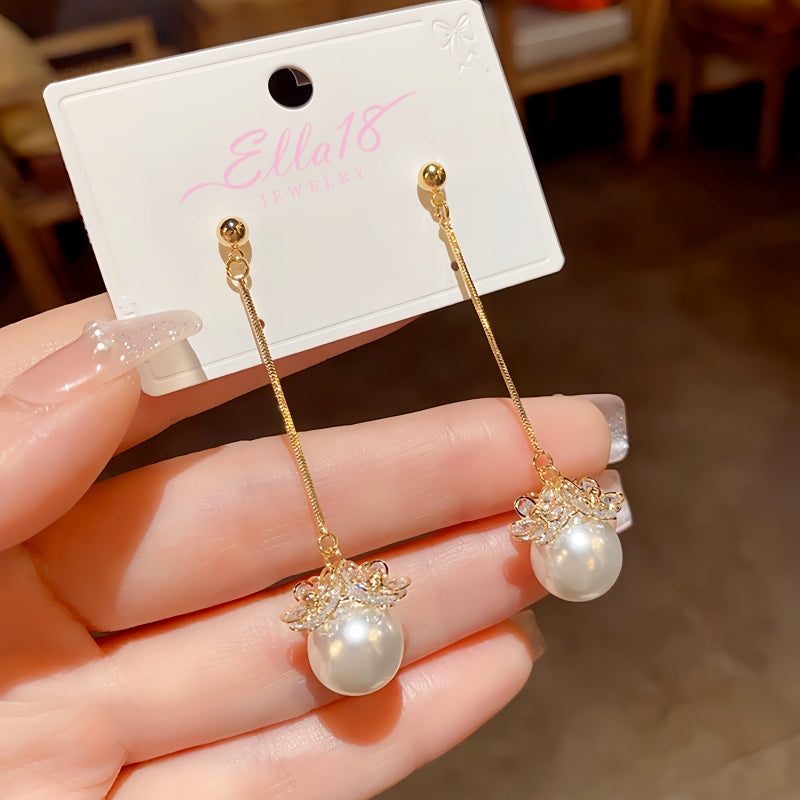 14K Gold-Plated Elegant Long Pearl Earrings