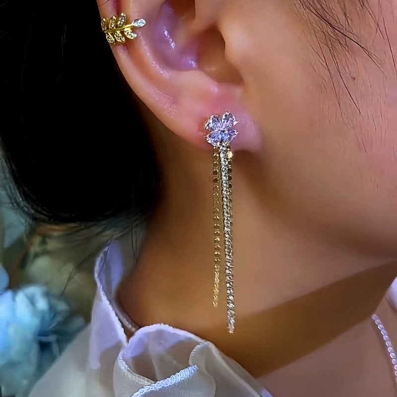 14K Gold-Plated Elegant Long Zircon Four-Leaf Flower Tassel Earrings