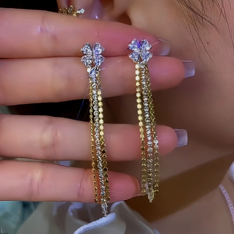 14K Gold-Plated Elegant Long Zircon Four-Leaf Flower Tassel Earrings