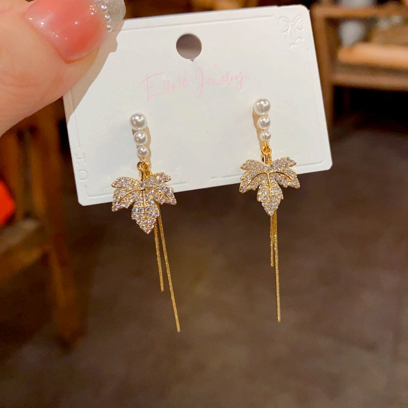 14K Gold-Plated Elegant Maple Leaf Pearl Tassel Earrings