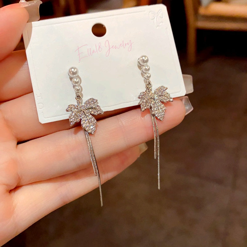 14K Gold-Plated Elegant Maple Leaf Pearl Tassel Earrings