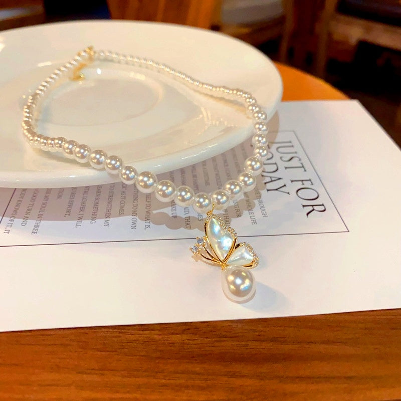 14K Gold-Plated Elegant Pearl Butterfly Necklaces