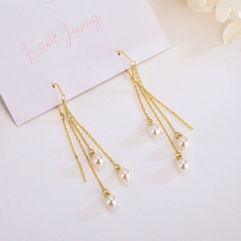 14K Gold-Plated Elegant Pearl Tassel Threader Earrings