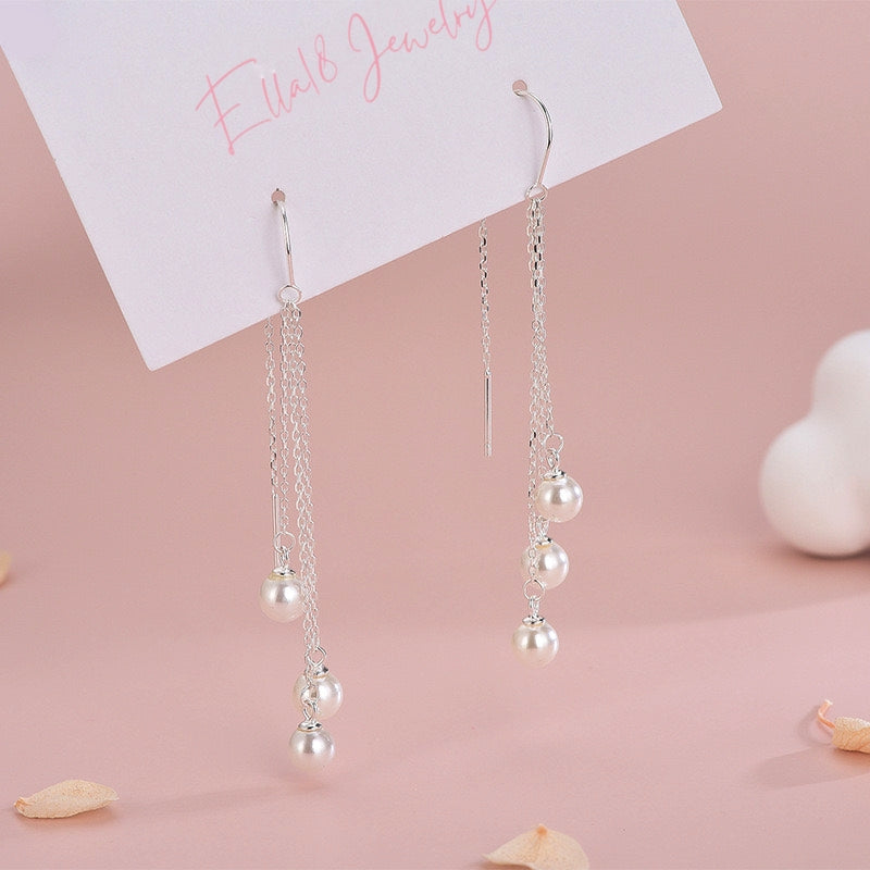 14K Gold-Plated Elegant Pearl Tassel Threader Earrings