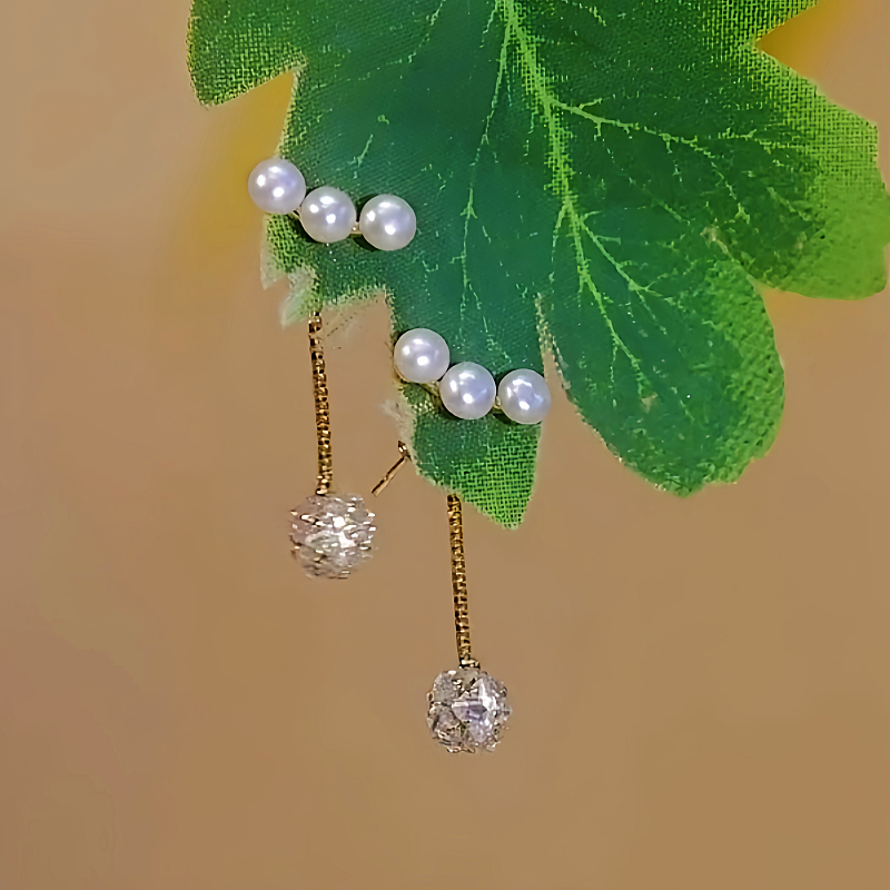 14K Gold-Plated Elegant Pearl Zircon Ball Tassel Earrings