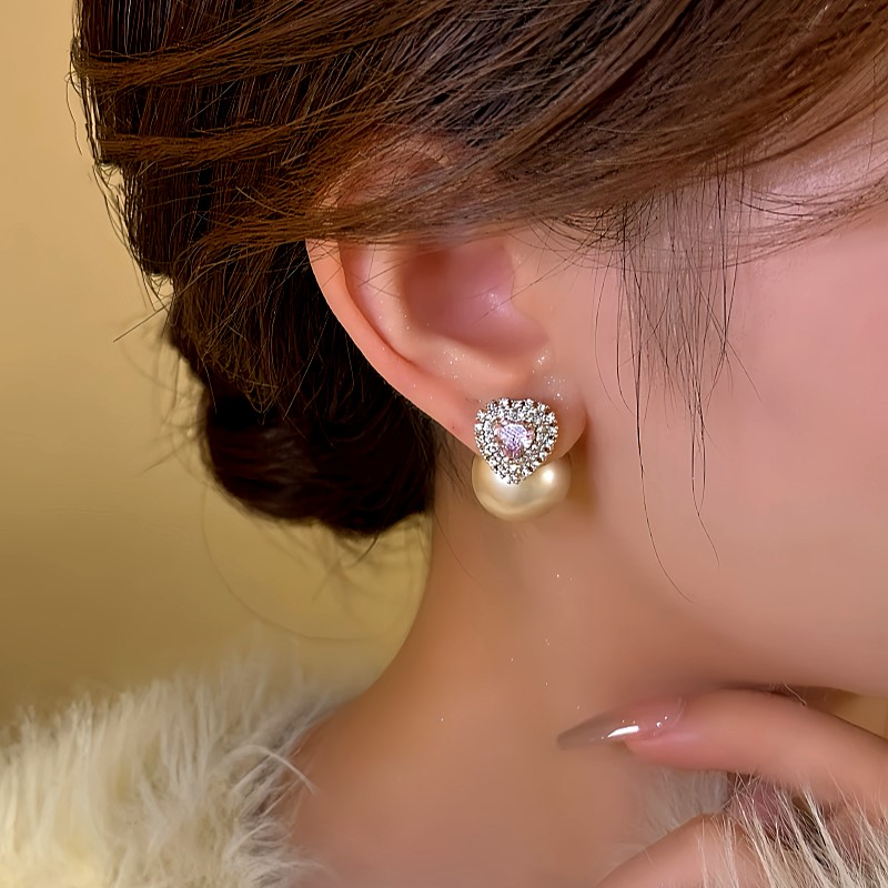 14K Gold-Plated Elegant Pink Diamond Heart Pearl Earrings