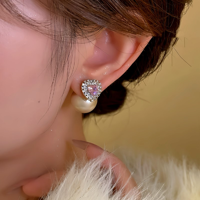 14K Gold-Plated Elegant Pink Diamond Heart Pearl Earrings