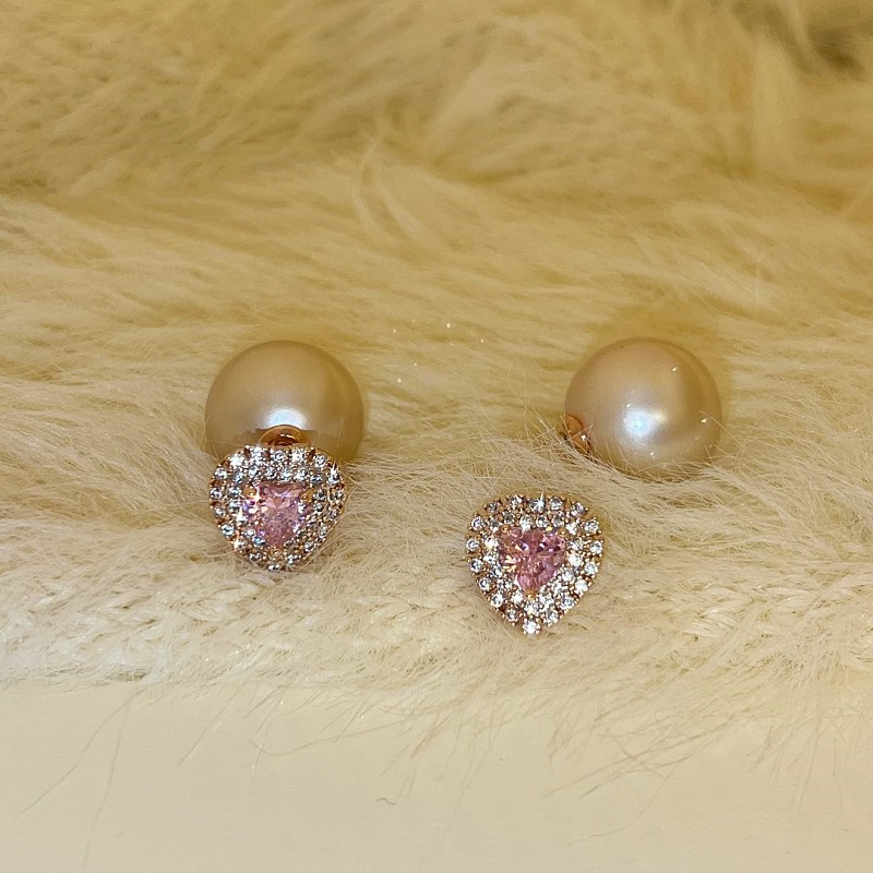 14K Gold-Plated Elegant Pink Diamond Heart Pearl Earrings