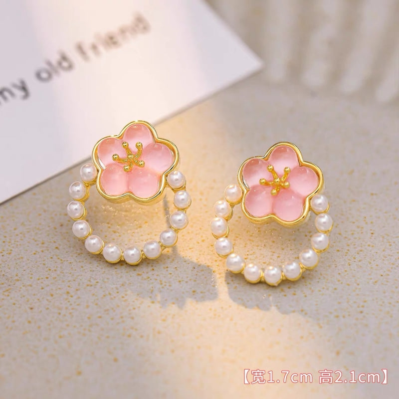 14K Gold-Plated Elegant Pink Opal Flower Pearl Earrings