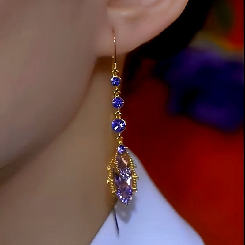14K Gold-Plated Elegant Purple Crystal Diamond Tassel Earrings