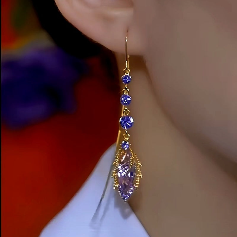 14K Gold-Plated Elegant Purple Crystal Diamond Tassel Earrings