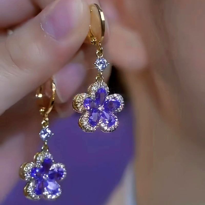 14K Gold-Plated Elegant Purple Crystal Flower Earrings