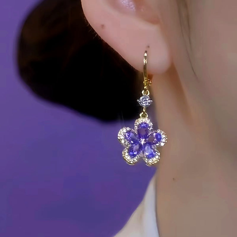 14K Gold-Plated Elegant Purple Crystal Flower Earrings