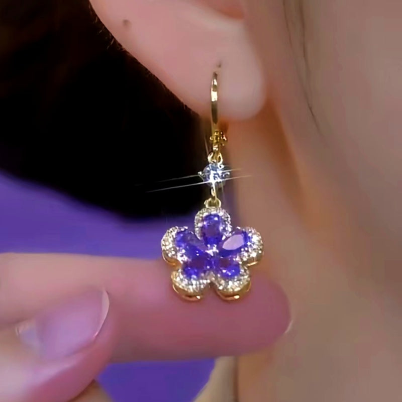 14K Gold-Plated Elegant Purple Crystal Flower Earrings