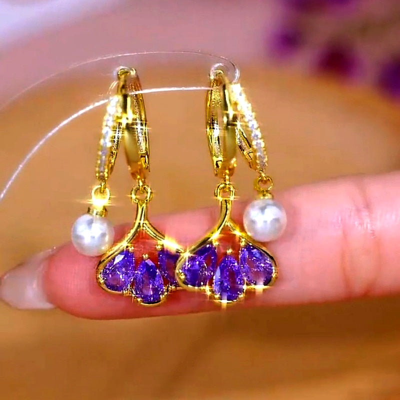 14K Gold-Plated Elegant Purple Leaf Pear Earrings