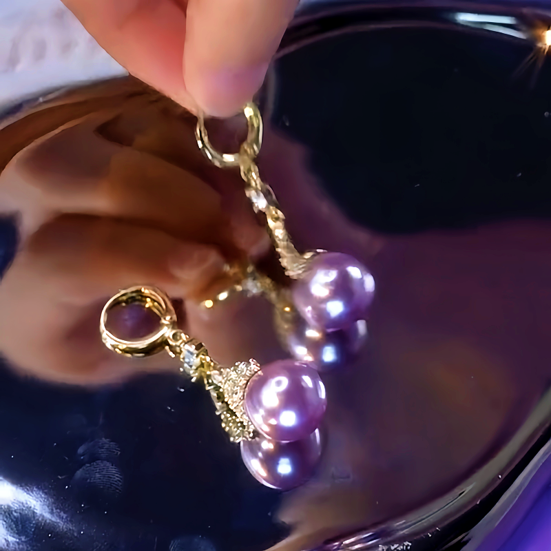 14K Gold-Plated Elegant Purple Pearl Zircon Crown Earrings