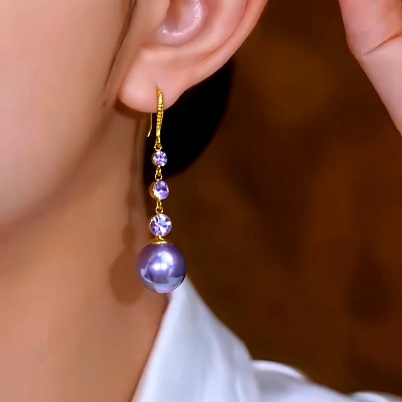 14K Gold-Plated Elegant Purple Pearl Zircon Ear Hook Earrings