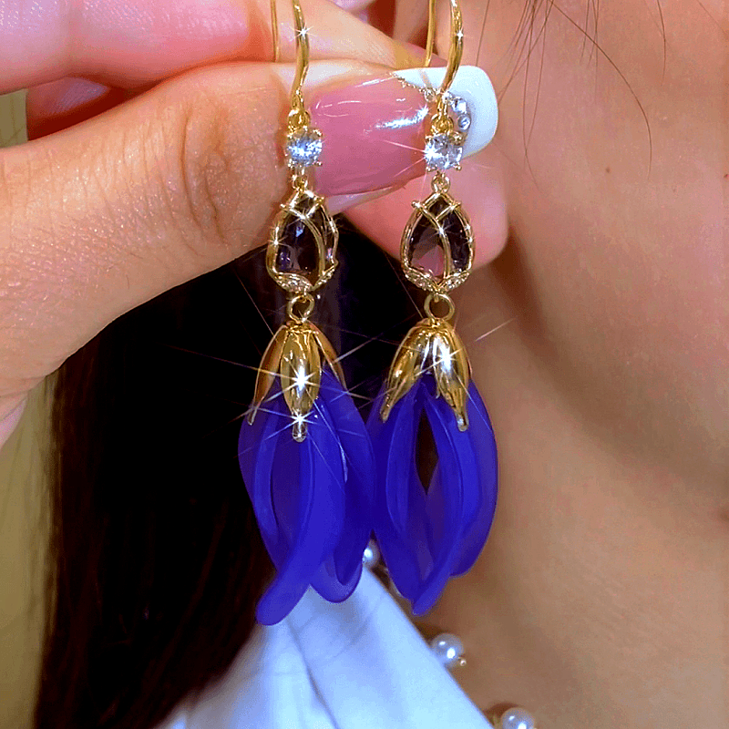 14K Gold-Plated Elegant Purple Tulip Petal Tassel Hook Earrings