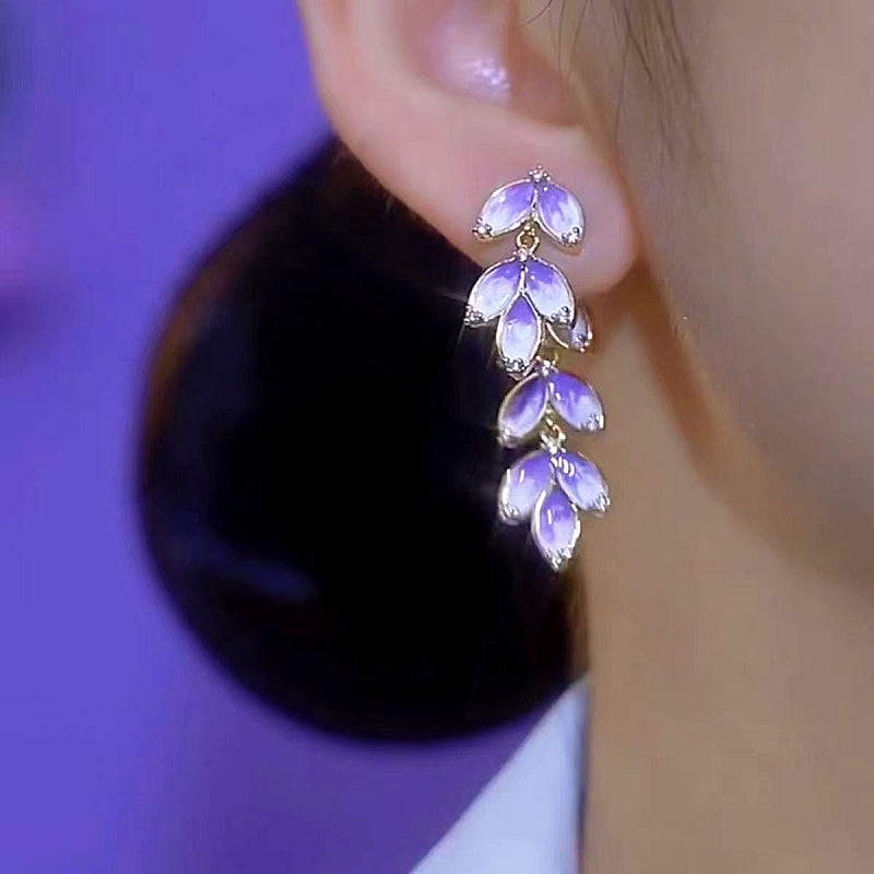 14K Gold-Plated Elegant Purple Zircon Leaf Earrings