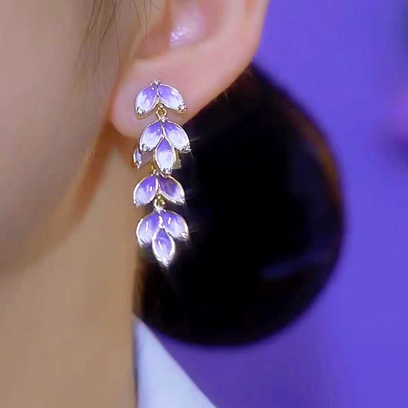 14K Gold-Plated Elegant Purple Zircon Leaf Earrings