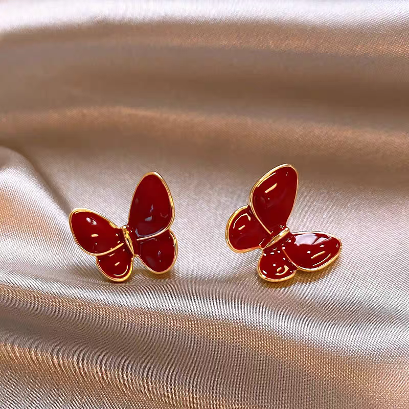 14K Gold-Plated Elegant Red Butterfly Earrings