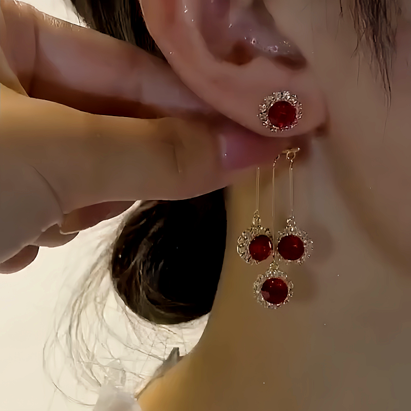 14K Gold-Plated Elegant Red Crystal Tassel Earrings