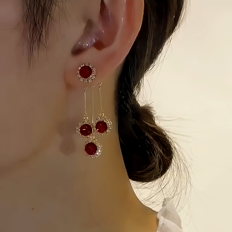 14K Gold-Plated Elegant Red Crystal Tassel Earrings